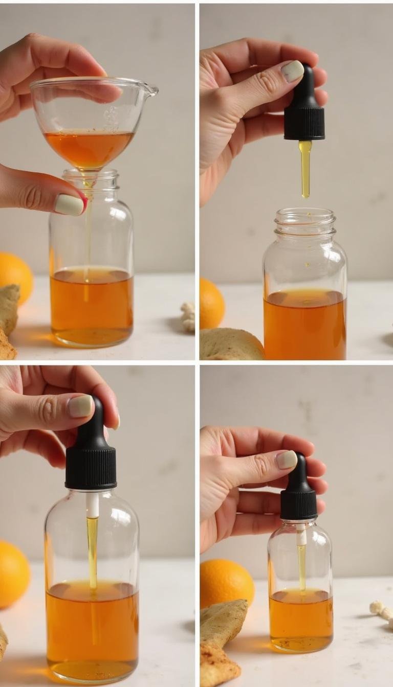 Step-by-step process photo of making homemade vitamin C face serum with measuring and pouring