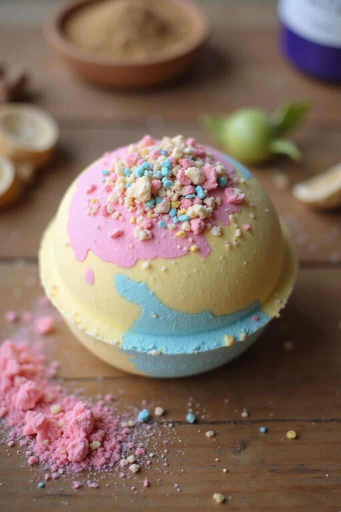 Colorful homemade bath bomb lying on a wooden surface with natural ingredients like dried flowers and essential oils around it