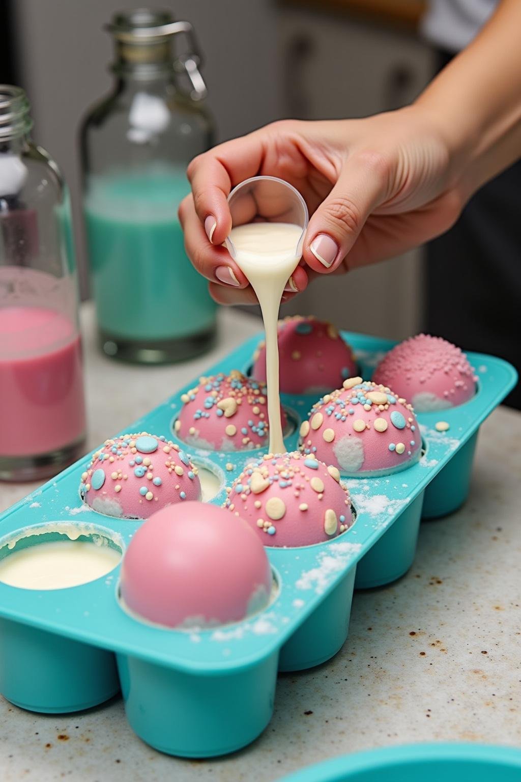 Person pouring brightly colored bath bomb mixture into a silicone mold for DIY bath bombs
