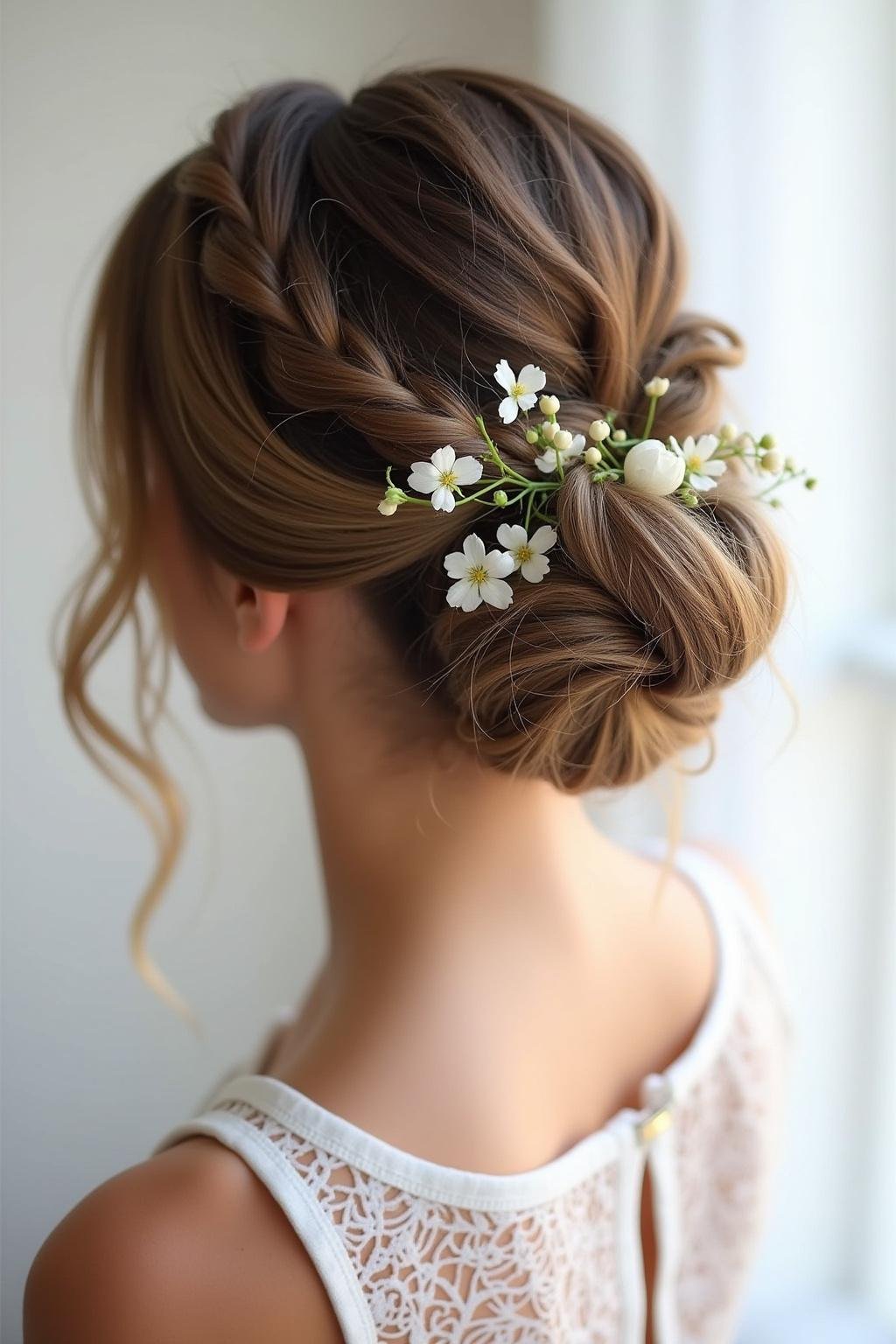 Medium hair bun with braids and floral accessories in a summery outdoor setting