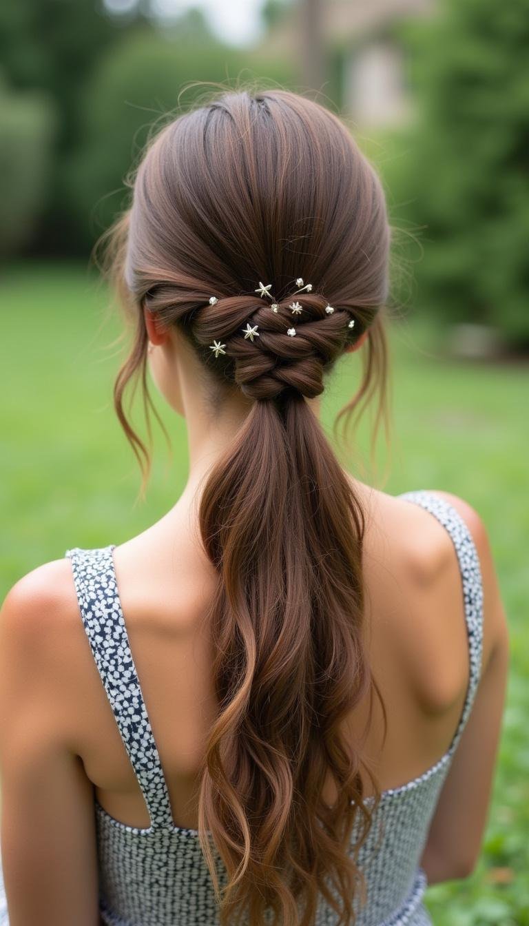 Elegant low twisted bun hairstyle on long hair, summer garden setting