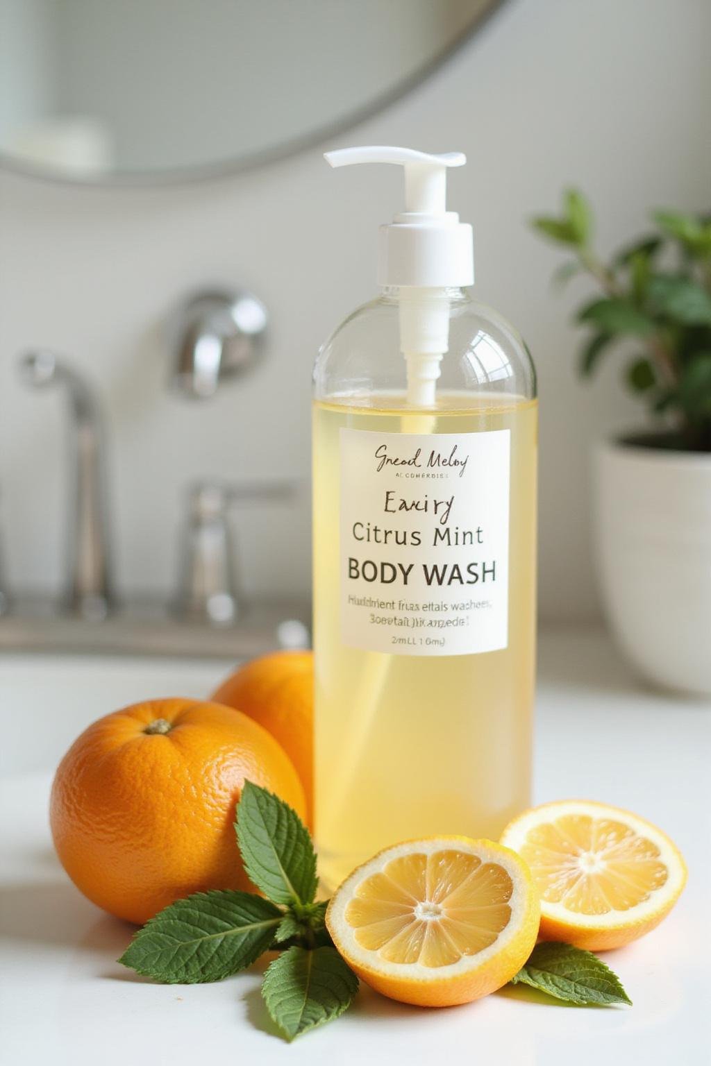 Handmade citrus mint body wash in a pump bottle with citrus slices and fresh mint leaves on a bathroom countertop