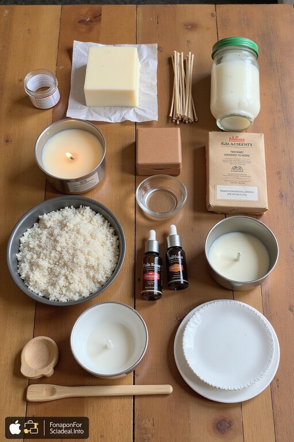 Materials for Easy DIY Candle Recipe, including wax, wicks, fragrances, and containers arranged on a wooden table