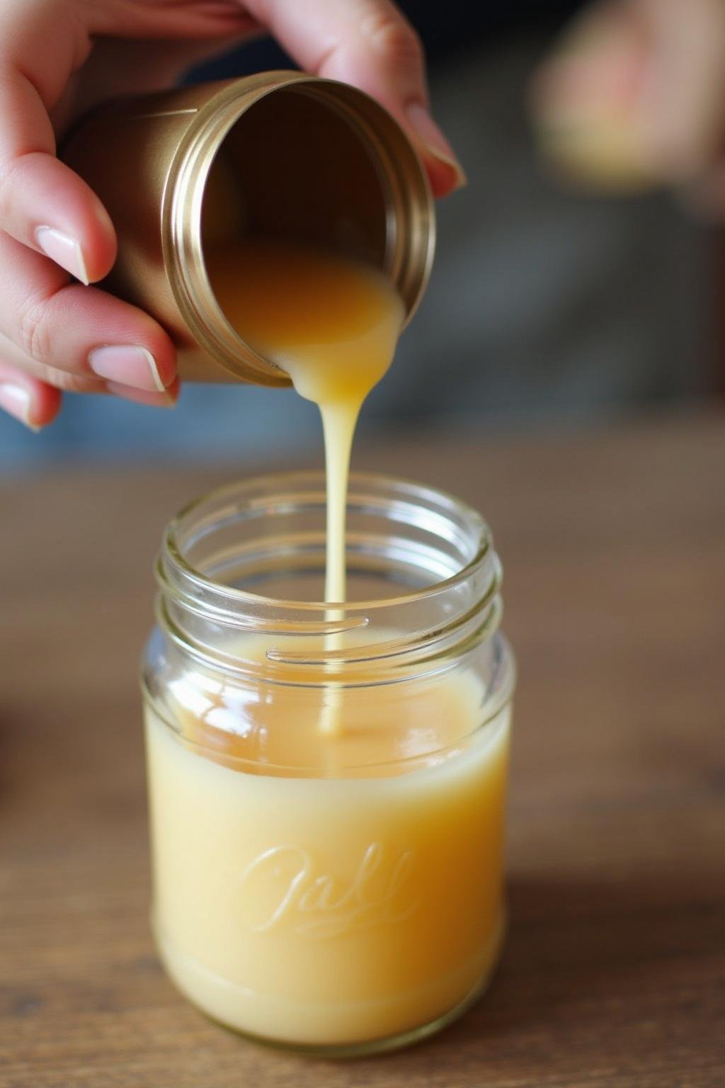 Hand pouring melted wax into a glass jar with a wick for a DIY candle