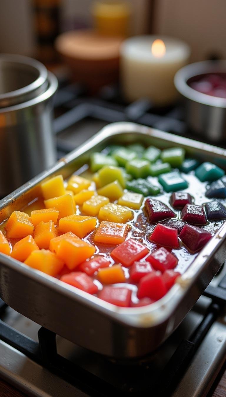 Colorful wax chunks melting in a double boiler, ready for DIY candle creation