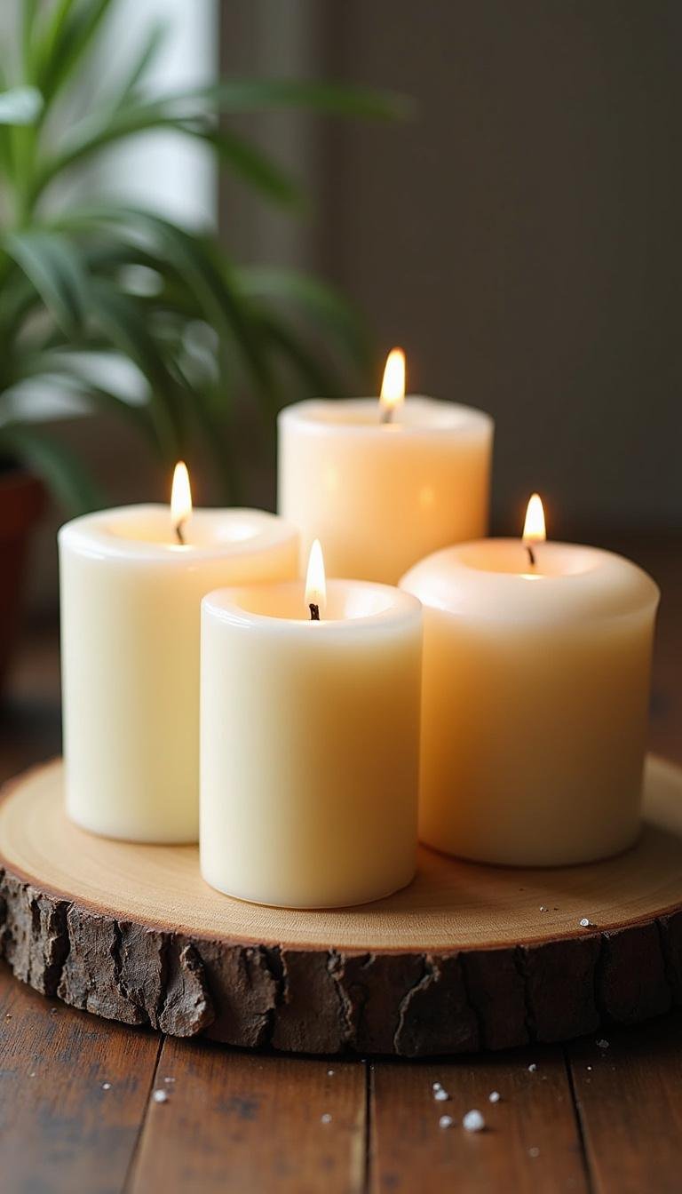 Finished homemade candles of various shapes and fragrances displayed on a rustic wooden surface