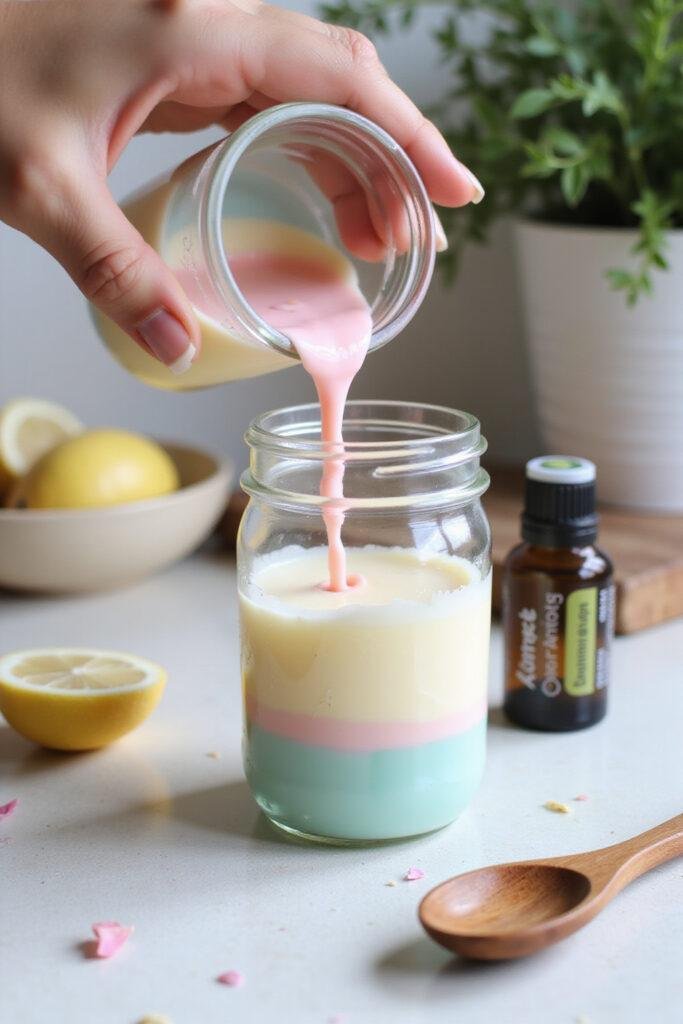 Person pouring colorful wax into a jar to create a homemade summer scent candle