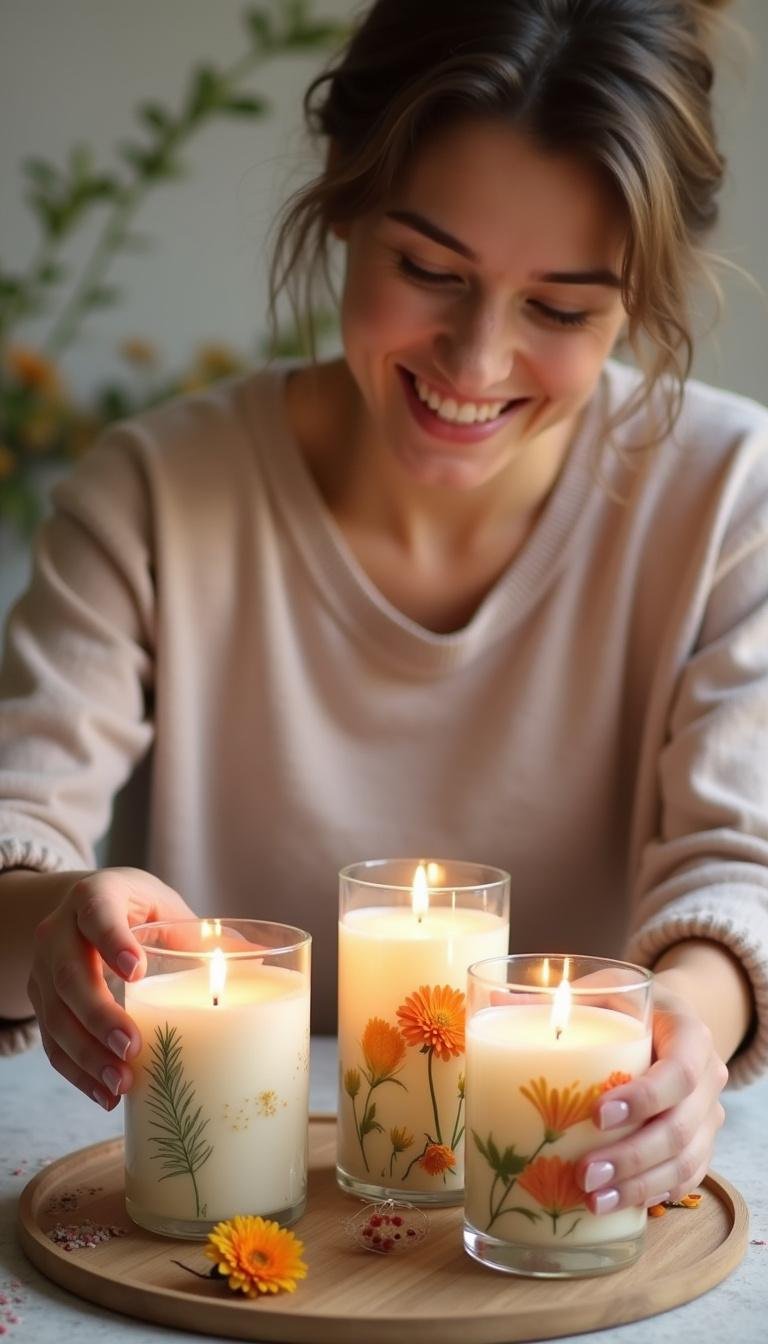 Person decorating homemade candles with dried flowers and summer accessories
