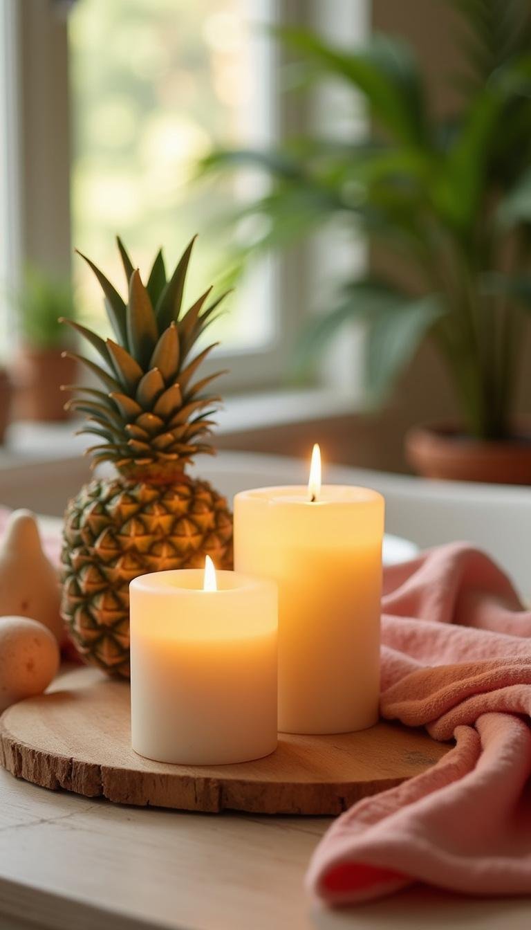 Relaxed summer scene with homemade candles burning on a decorated table