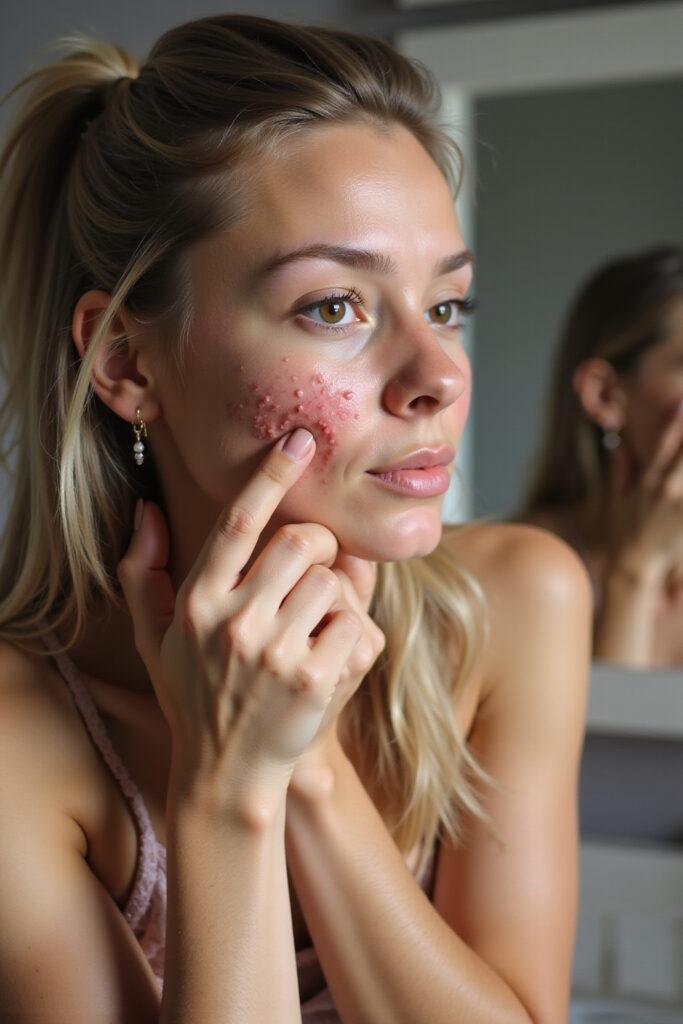 Woman using a DIY pimple remedy on her face in a well-lit room