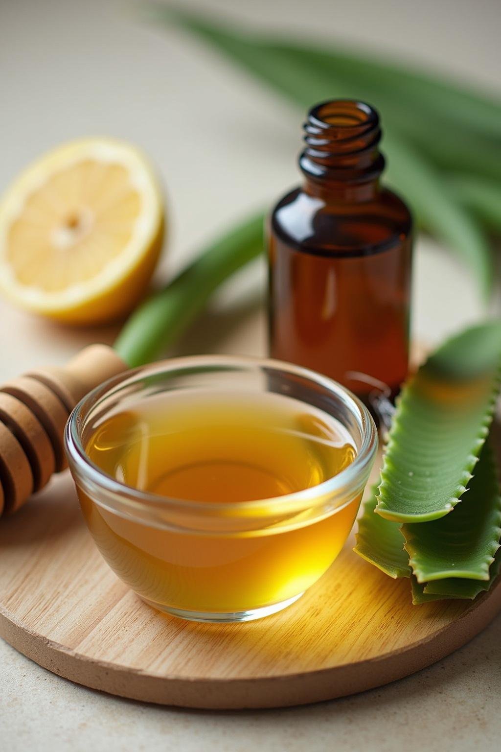 Ingredients for DIY pimple remedy: honey, aloe vera, tea tree oil displayed on a wooden surface