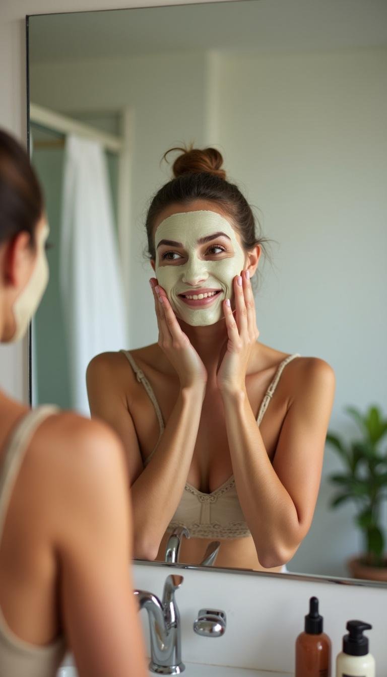Woman applying her DIY pimple treatment mask on her face at home