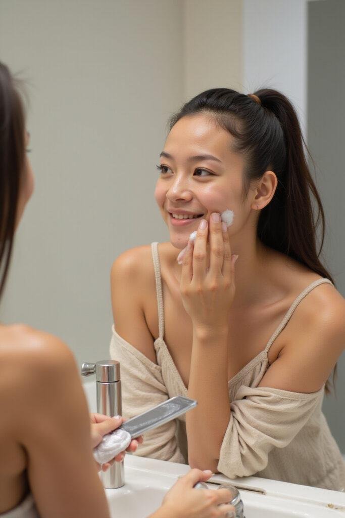 Woman using homemade herbal treatment on her face for clear skin
