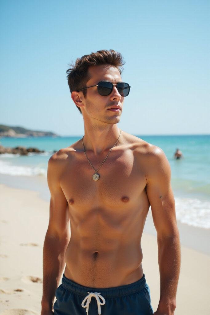 Young man with short spiky hairstyle at the beach during summer, wearing sunglasses and swim trunks