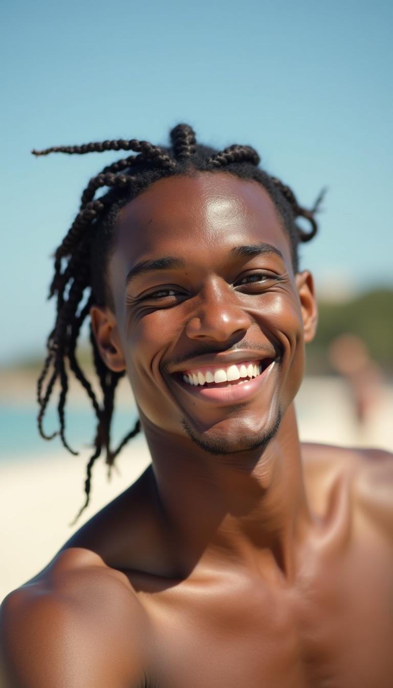 Man with medium-length braided hairstyle during summer outdoor photo shoot