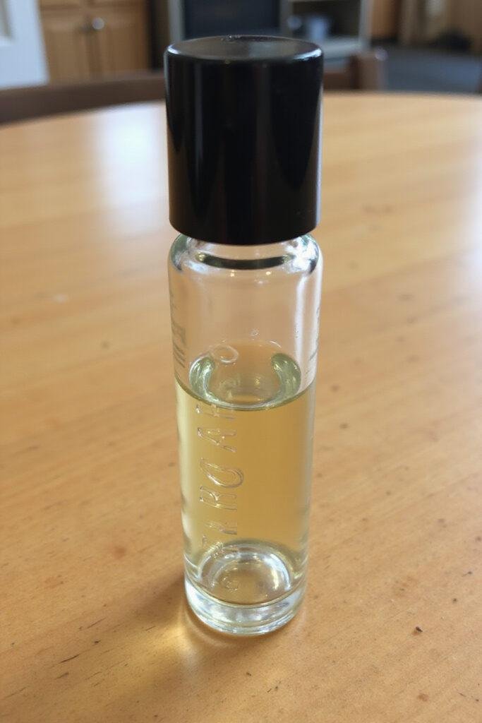 DIY allergy relief roller bottle made with essential oils placed on a wooden surface