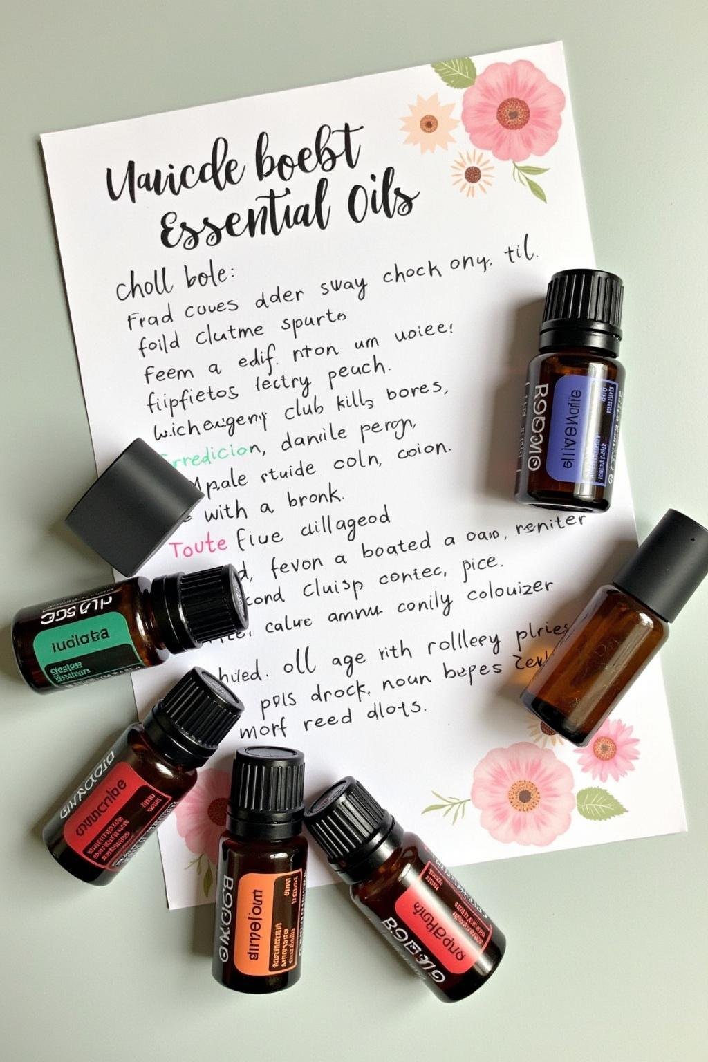 Assorted essential oil bottles arranged beside a homemade allergy relief roller recipe card