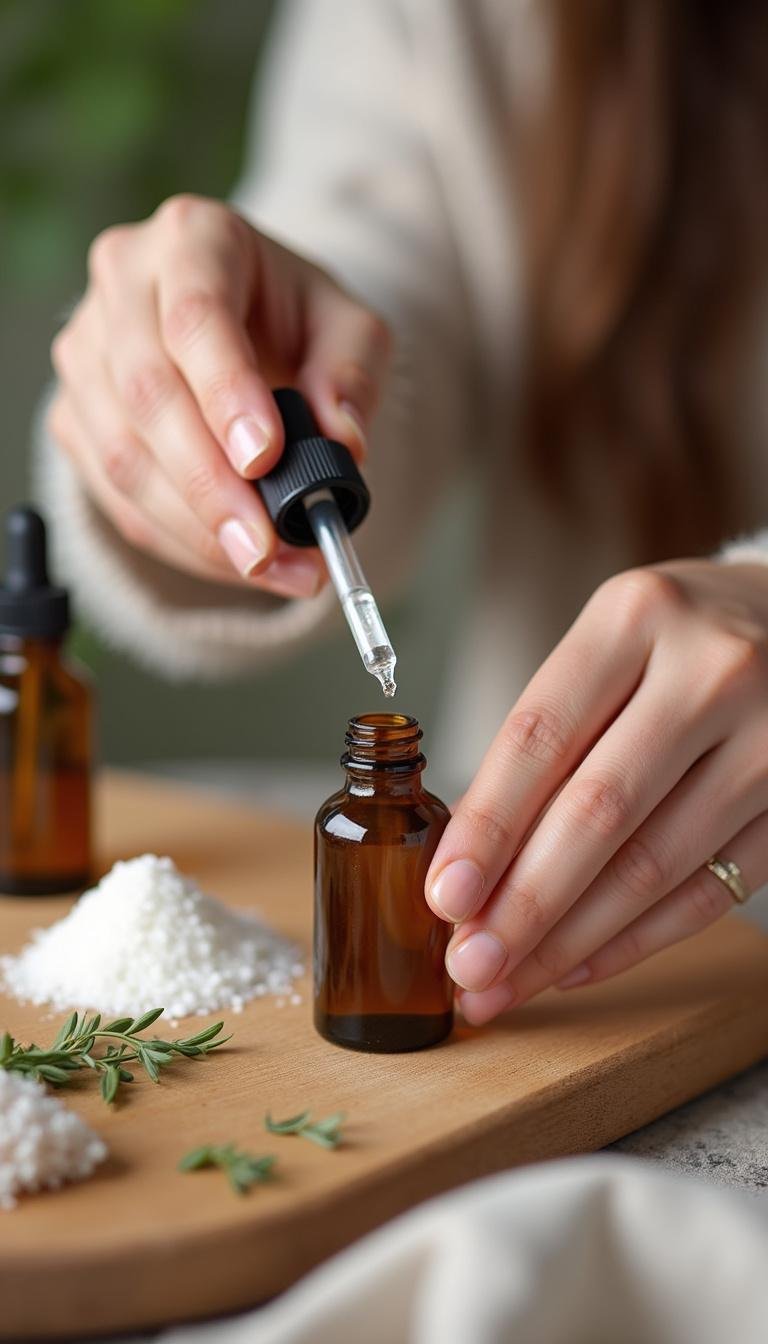 Person filling an allergy relief roller bottle with essential oils using a dropper