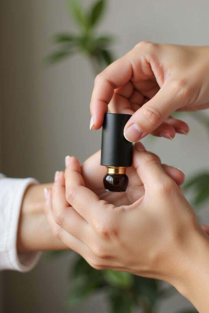Person gently rolling essential oil blend on wrist for relaxation in natural setting