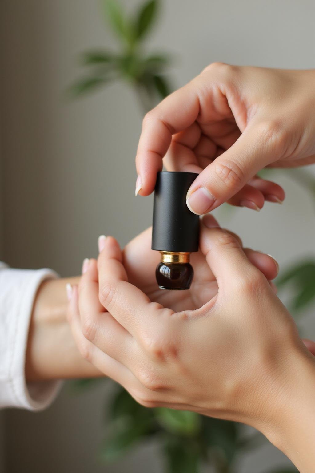 Person gently rolling essential oil blend on wrist for relaxation in natural setting