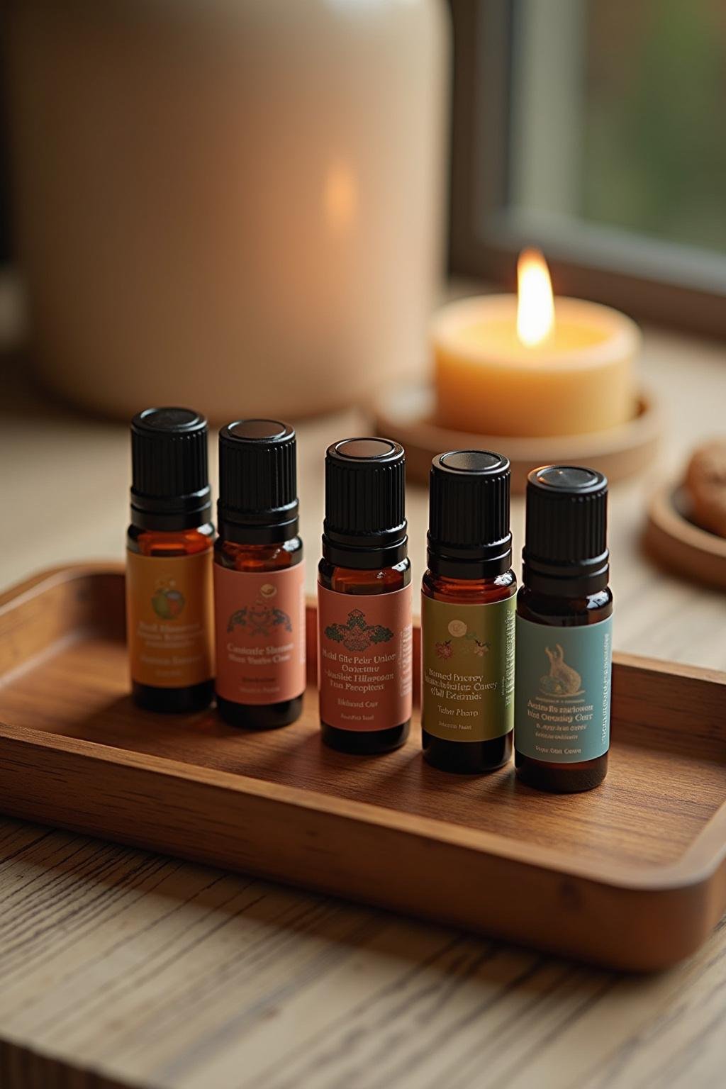 Variety of relaxation essential oil rollers arranged on wooden surface in warm lighting