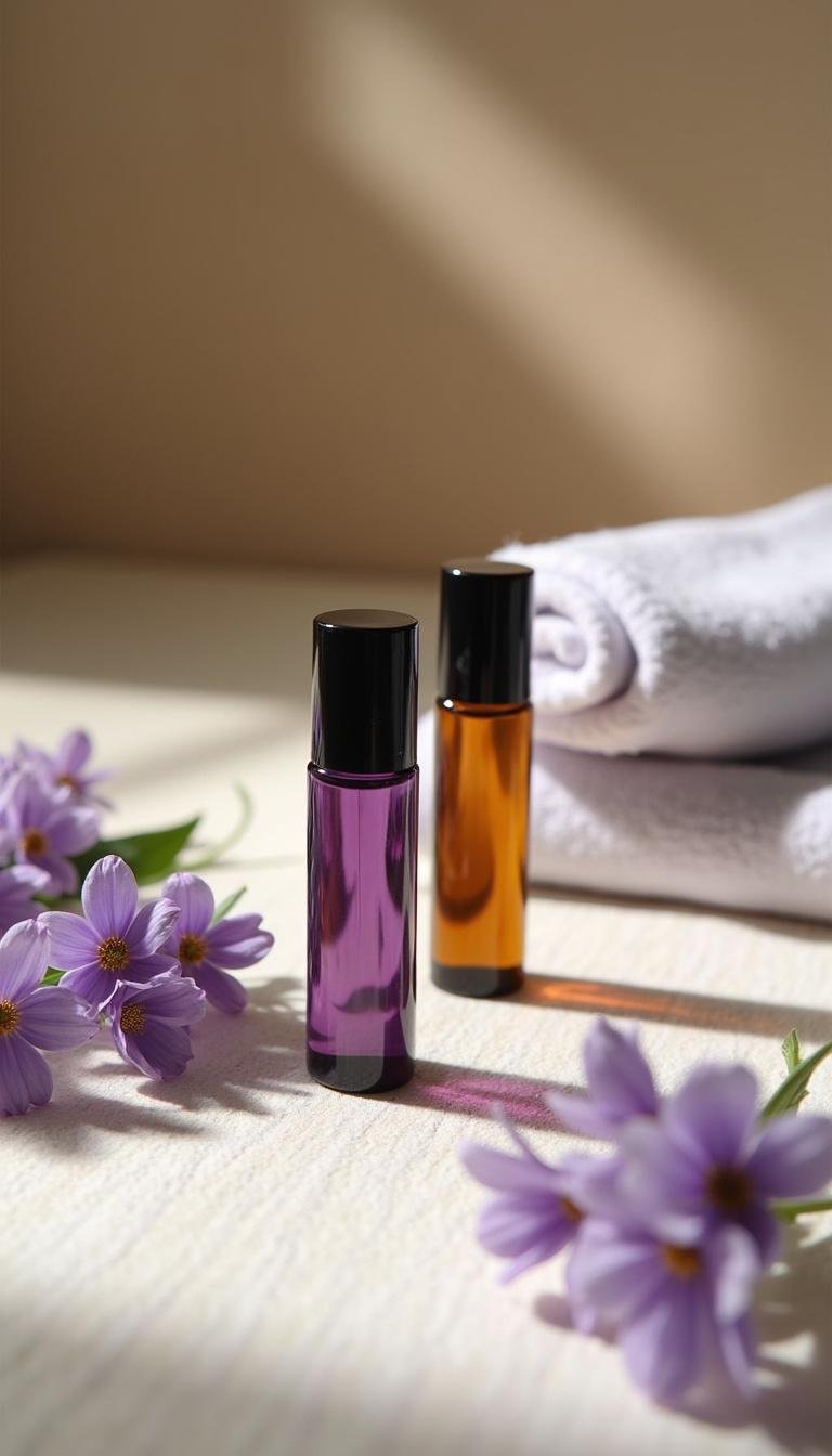 Relaxation essential oil rollers with lavender and chamomile labels displayed on spa table