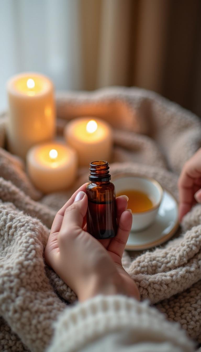 Person enjoying a calming moment with essential oil roller, blanket, candles, and tea