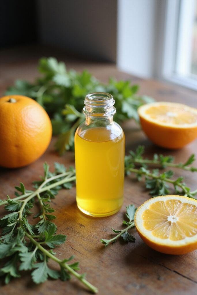 A glass bottle containing a yellow essential oil blend with herbs and citrus slices on a wooden surface