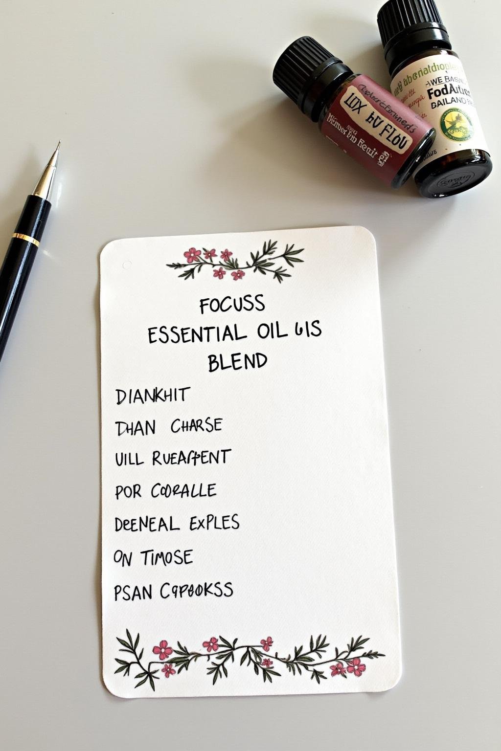A recipe card for a Focus Essential Oil Blend with ingredients and a pen on a table