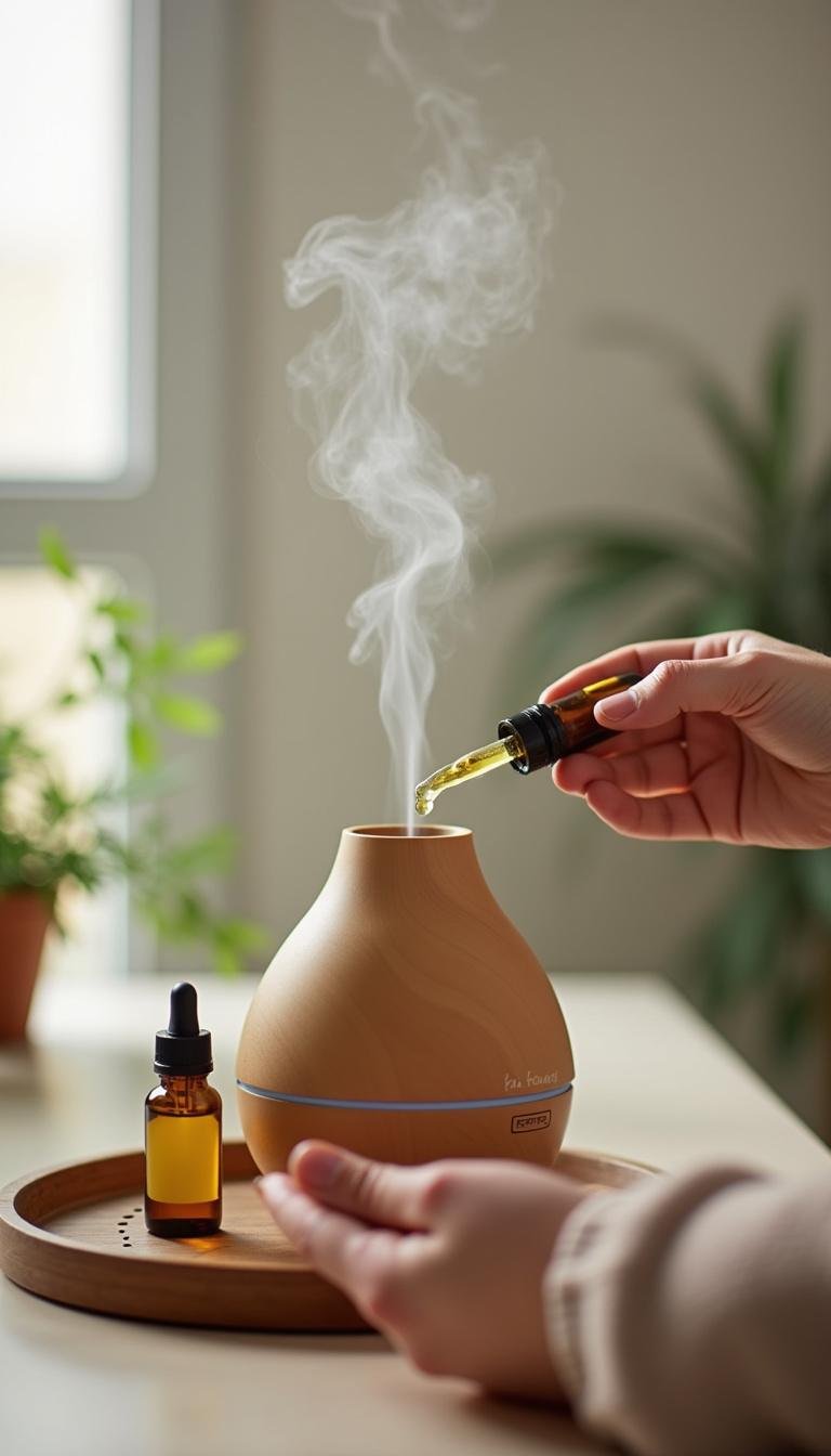 Une personne versant un mélange d'huile essentielle dans un diffuseur dans une ambiance maison douillette
