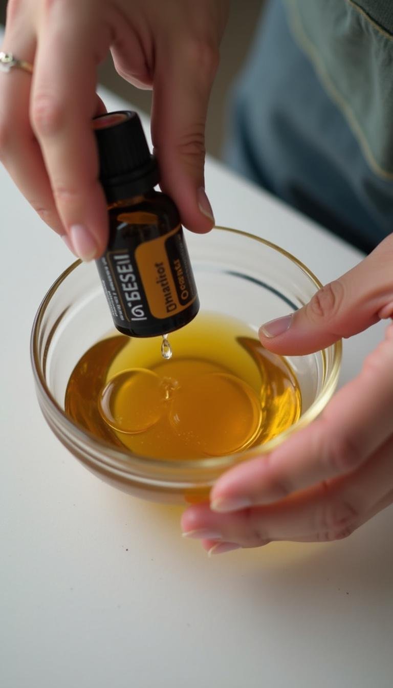 Des mains mélangeant des huiles essentielles dans un bol en verre pour créer le mélange d'huiles essentielles de concentration