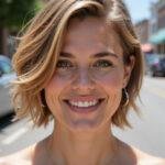 Woman with short summer haircut and highlights smiling outdoors