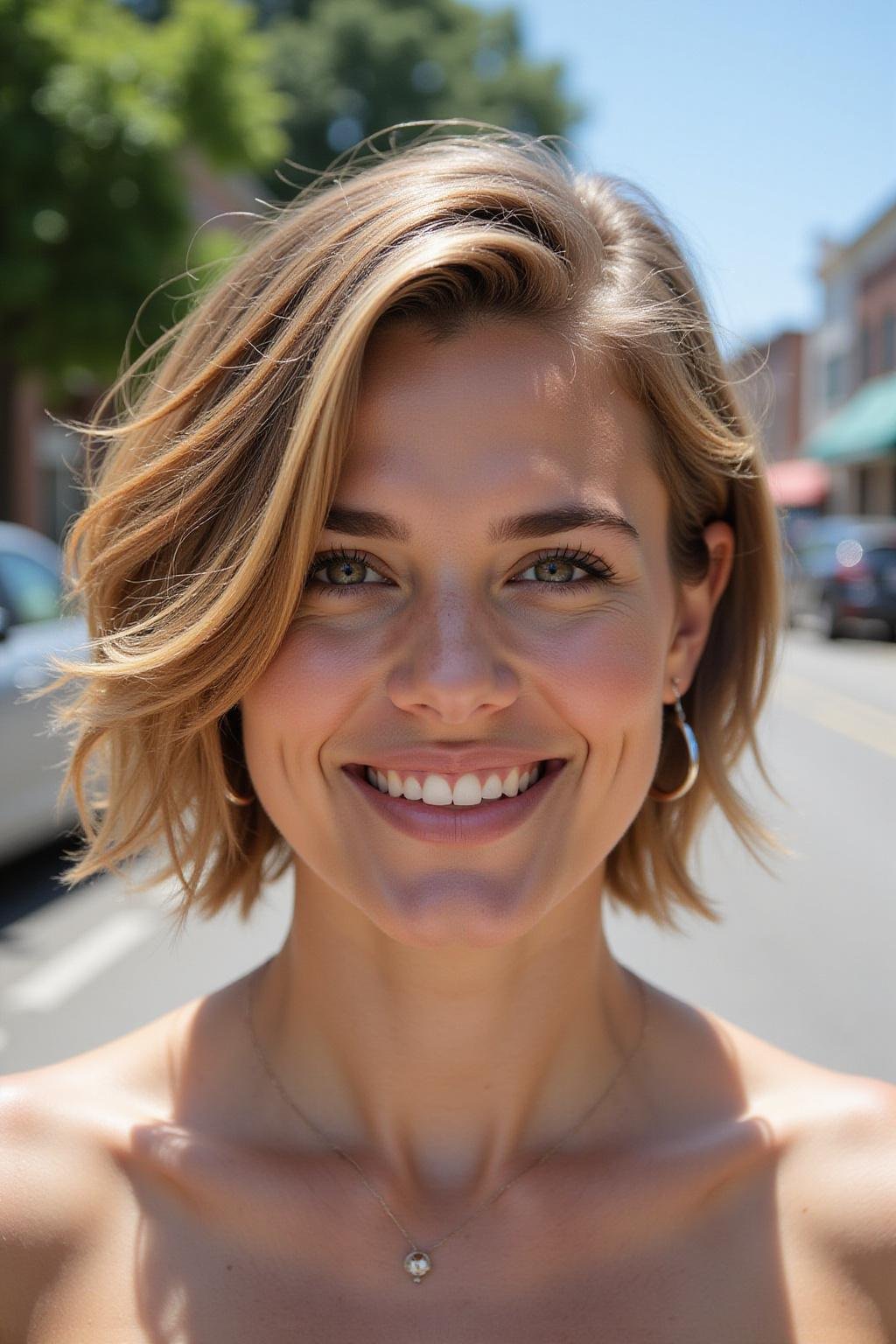 Woman with short summer haircut and highlights smiling outdoors
