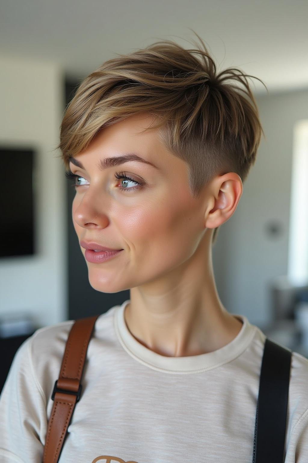 Woman with a trendy short hairstyle with texture and layers indoors