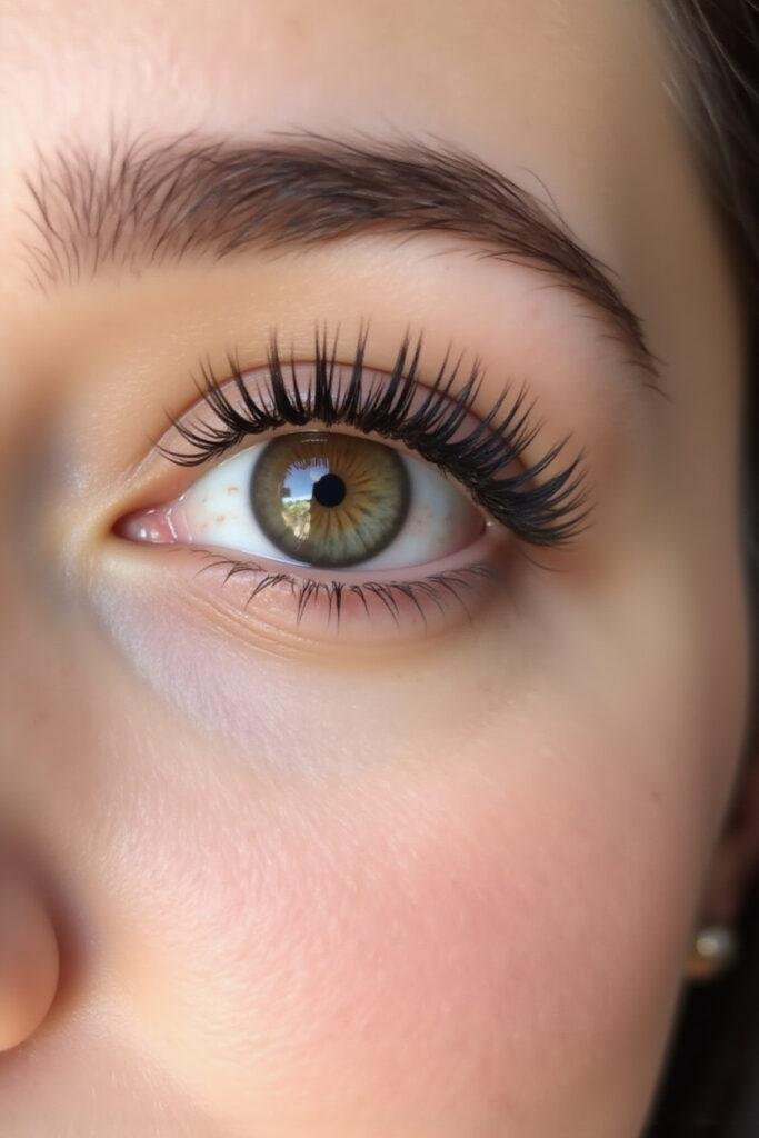 Close-up of a woman's eye with long, natural eyelashes to illustrate effective DIY lash growth serum