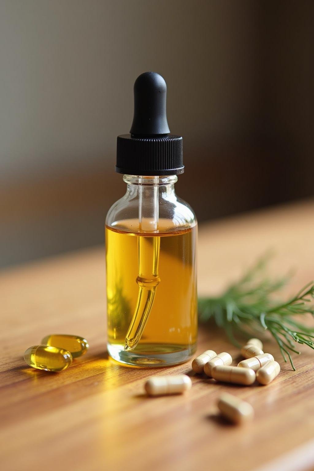 DIY homemade lash growth serum in a glass bottle with natural ingredients around it for promoting long eyelashes