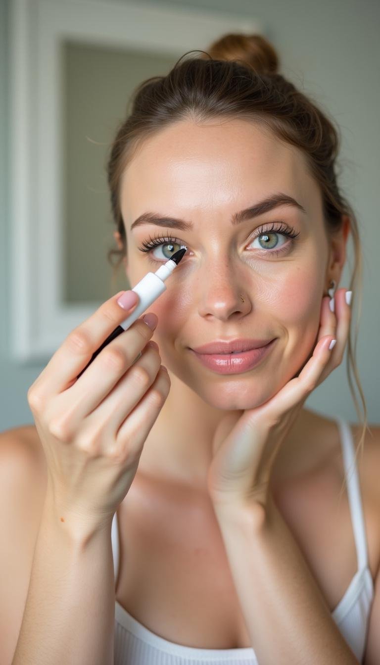Woman applying natural lash growth serum to her eyelids to enhance eyelash length naturally