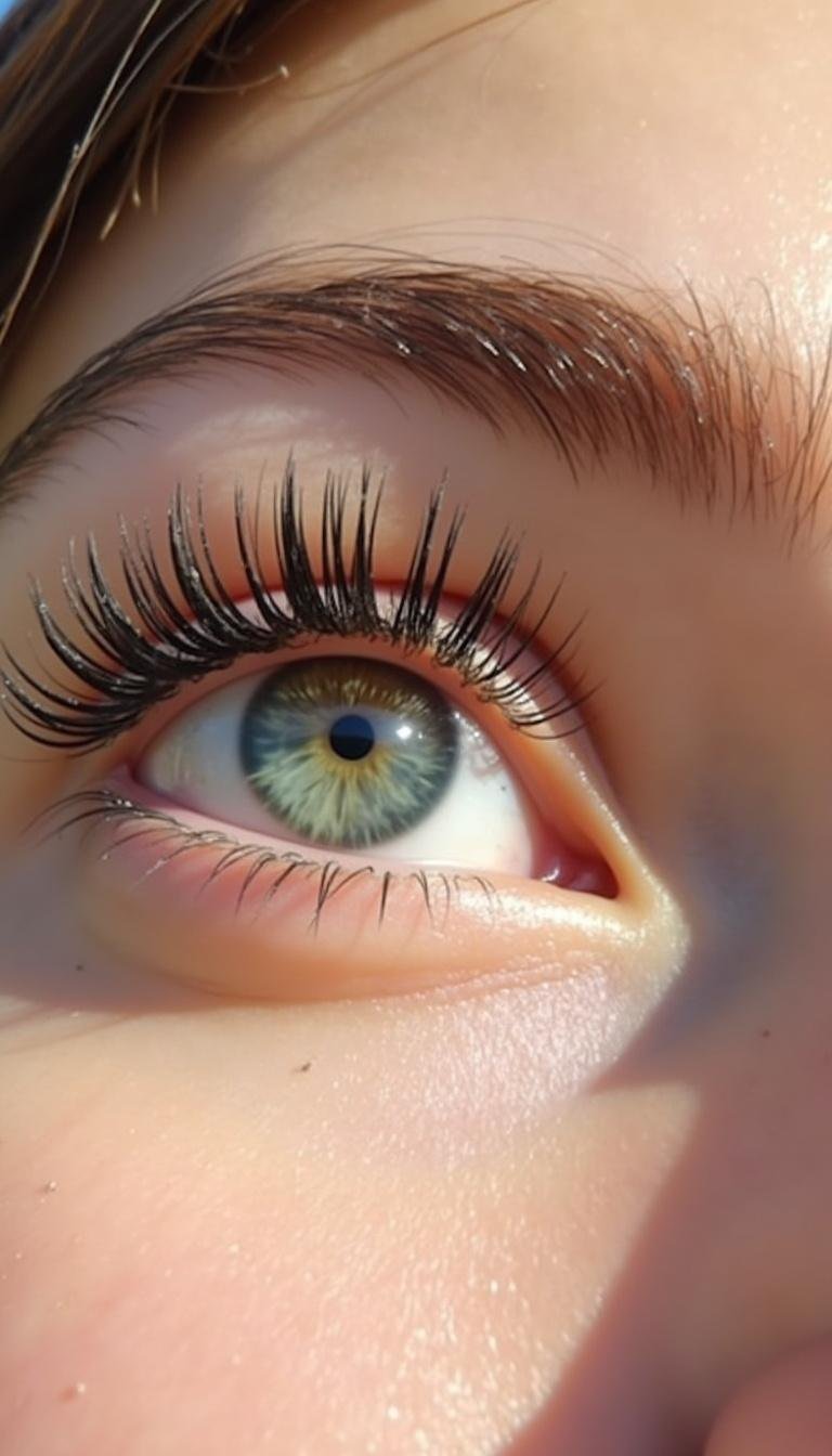 Before-and-after eye showing improved eyelash length and fullness from natural lash serum application