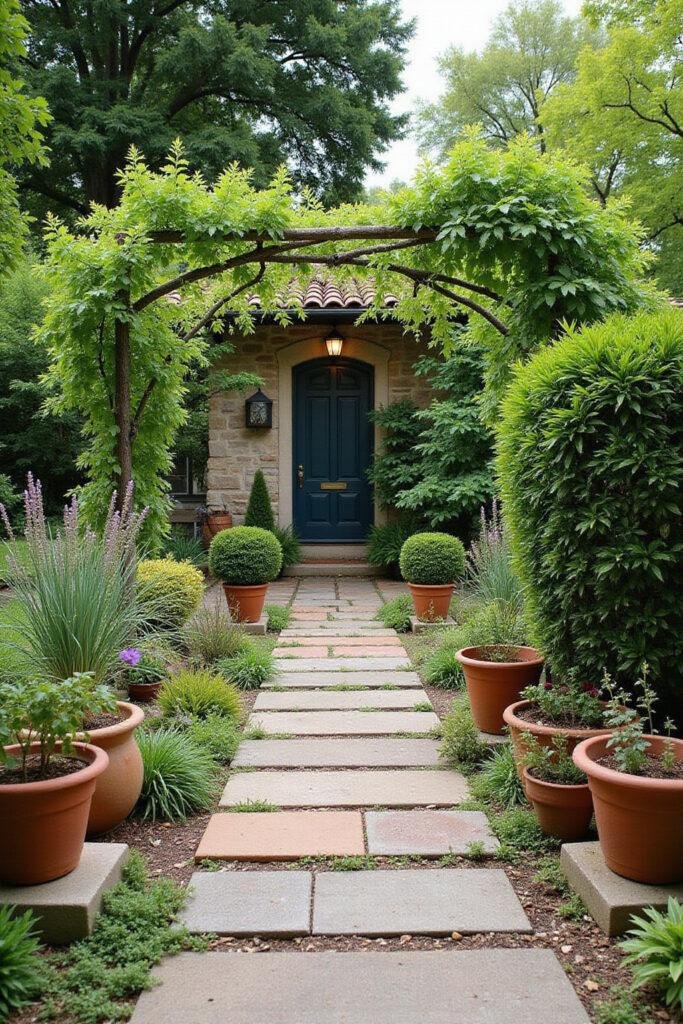 A vibrant Mediterranean garden featuring terracotta pots, olive trees, and blooming flowers, capturing a Tuscan glow