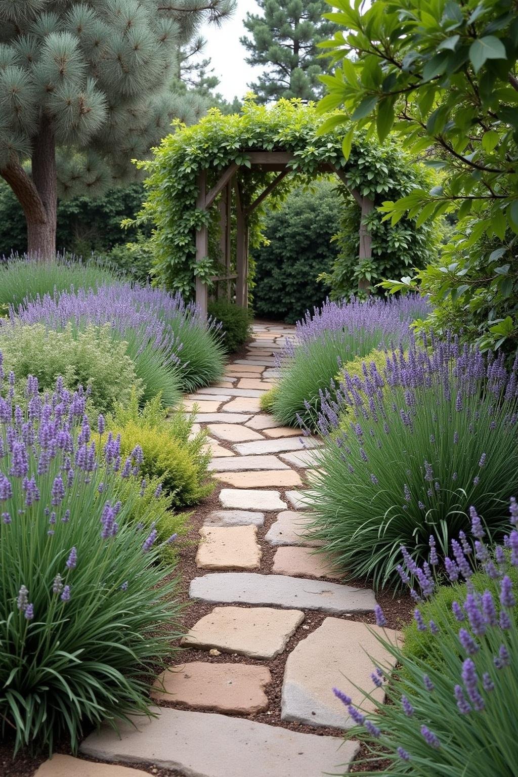 A charming Mediterranean garden scene with a stone pathway, lavender, and aromatic herbs creating a Tuscan ambiance