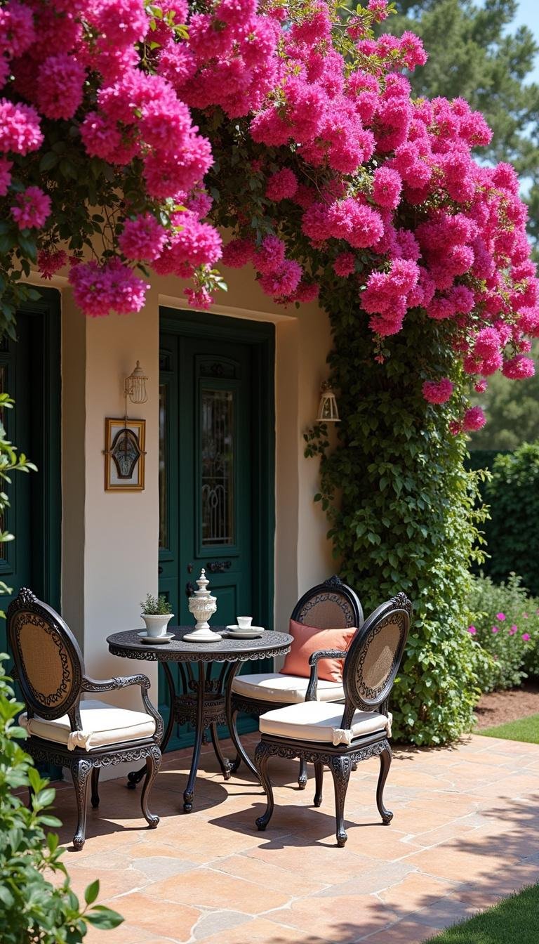 An inviting outdoor seating space in a Mediterranean garden, adorned with wrought iron furniture and colorful bougainvillea