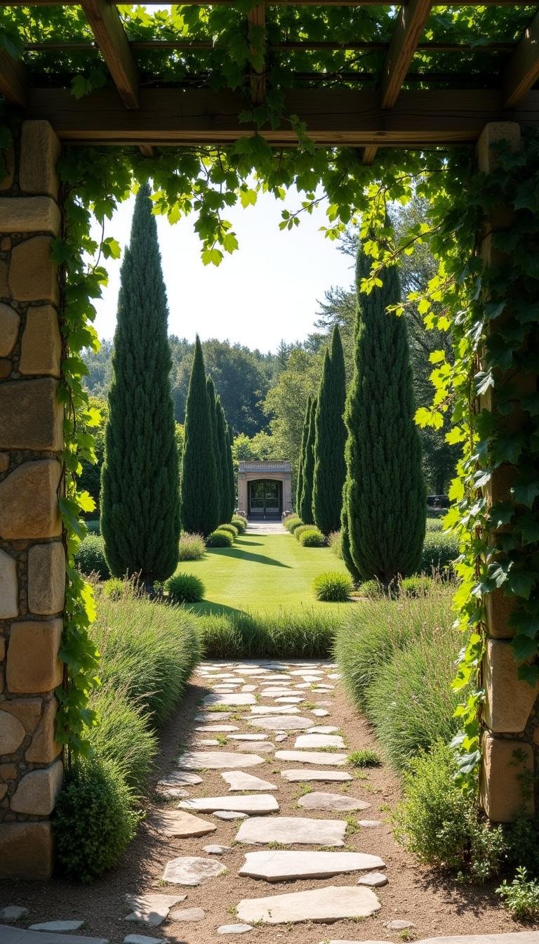 A serene Mediterranean garden featuring a vine-covered pergola, cypress trees, and scenic stone elements