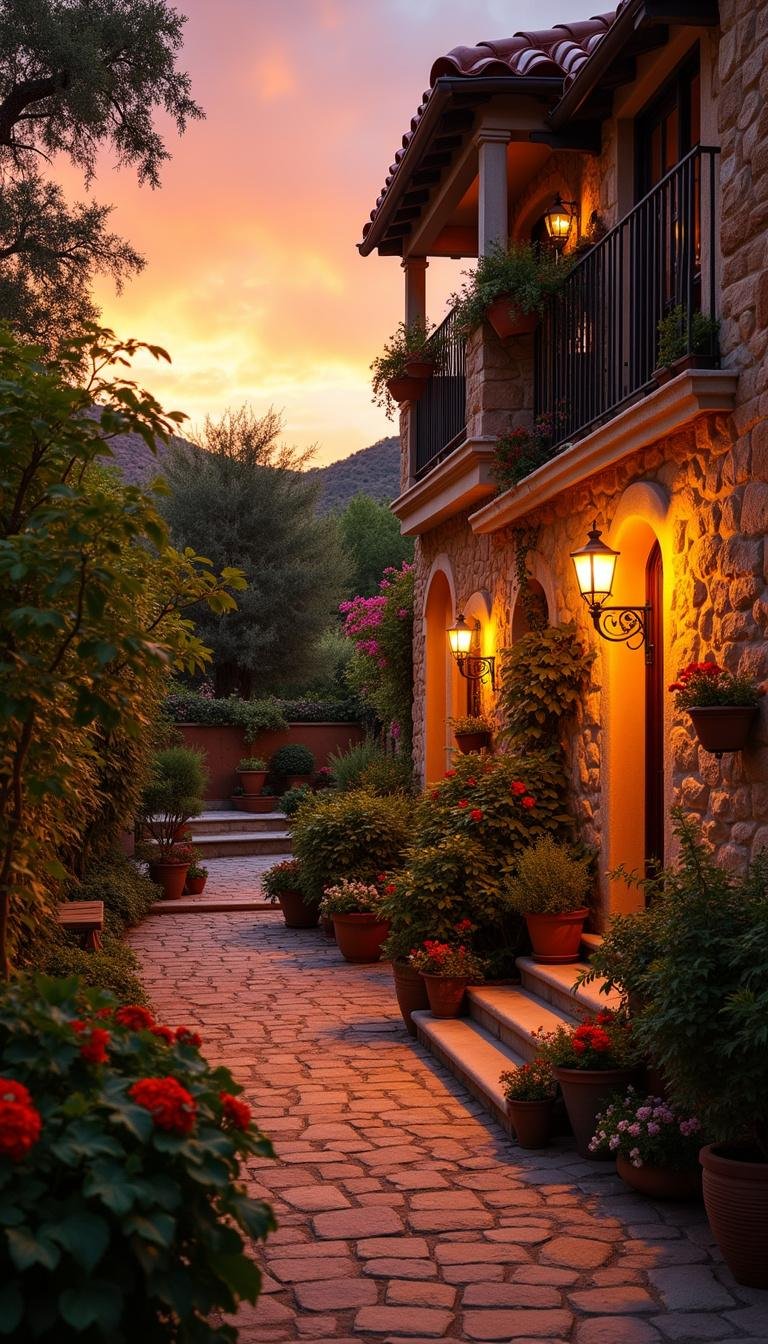 A glowing sunset over a Tuscan-inspired Mediterranean garden with terraced planting beds and rustic decorations