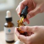 Person assembling a headache relief roller blend using essential oils in a glass roller bottle.