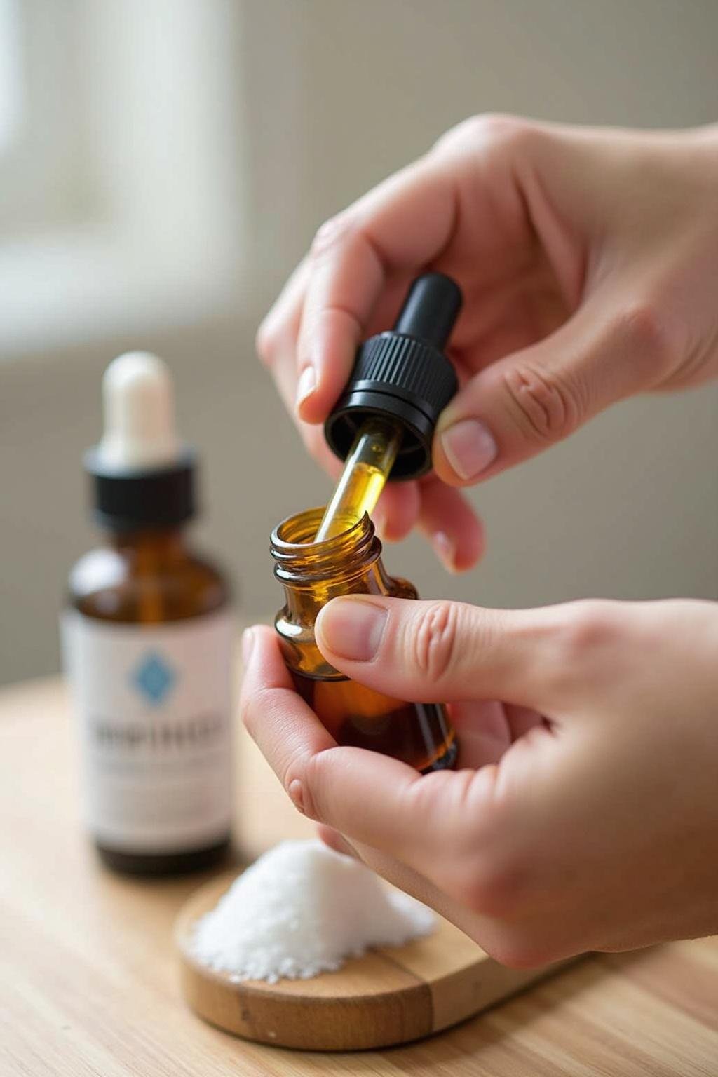 Person assembling a headache relief roller blend using essential oils in a glass roller bottle.