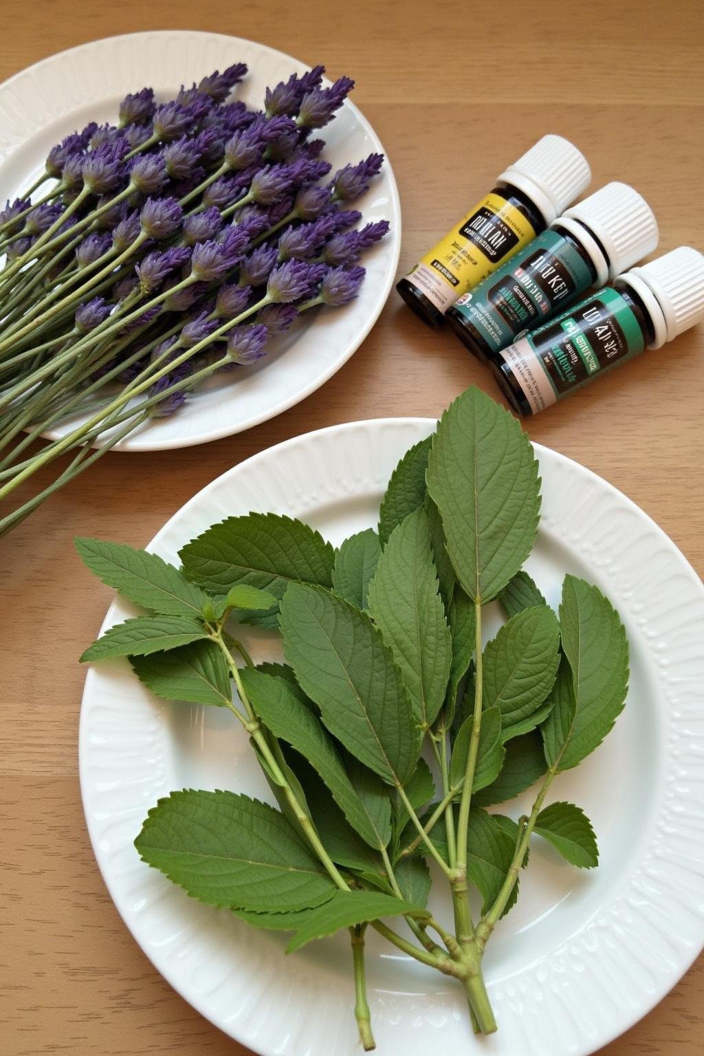 Various natural herbs and essential oils used for creating headache relief roller recipes displayed on a table.