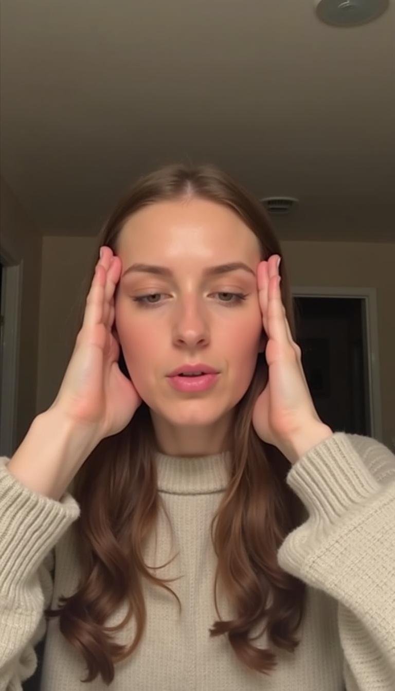 Individual using a headache relief roller on their temples to ease headache symptoms at home.