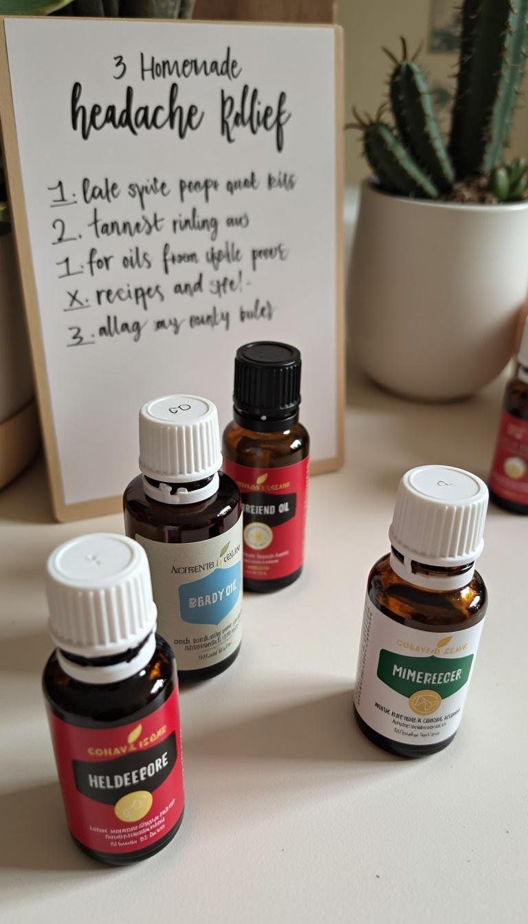 Organized setup of essential oils and ingredients for making headache relief roller blends on a table.