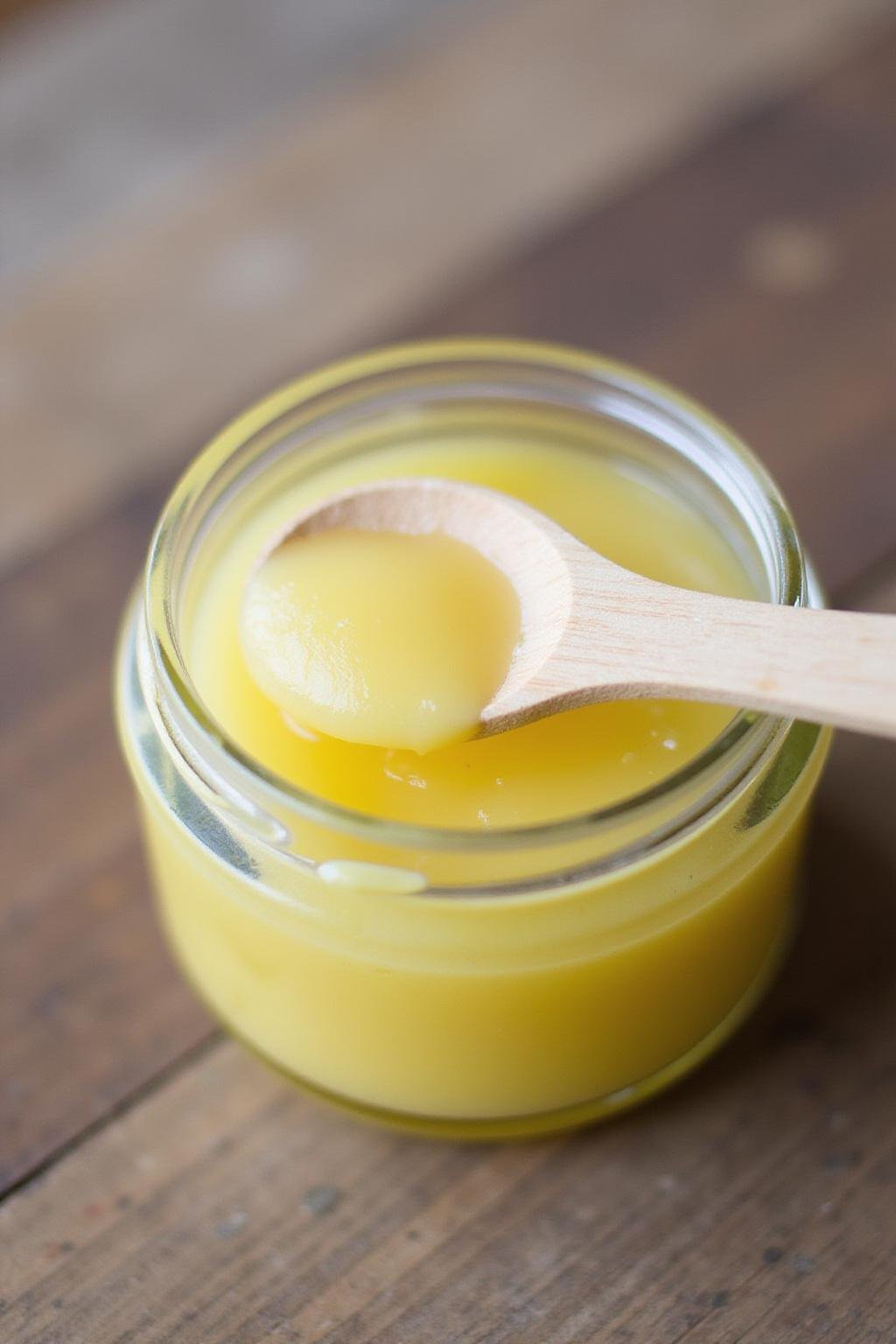 Homemade allergy relief balm in a glass jar with a wooden spoon on a wooden surface