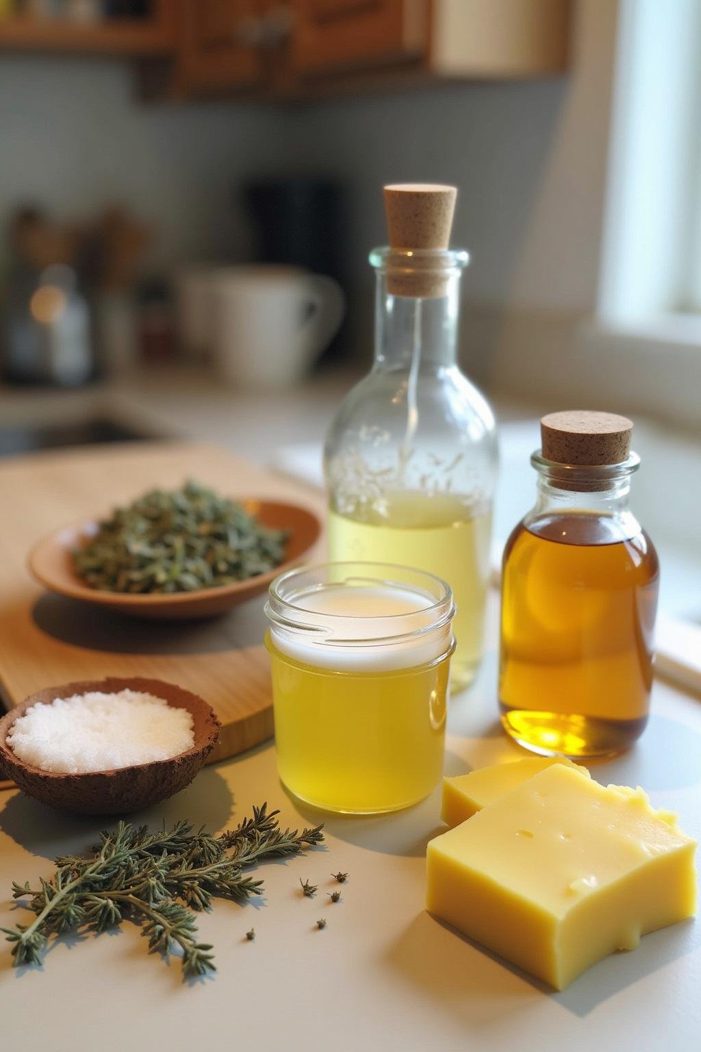 Ingredients for homemade allergy relief balm, such as beeswax, coconut oil, and herbs on a kitchen counter